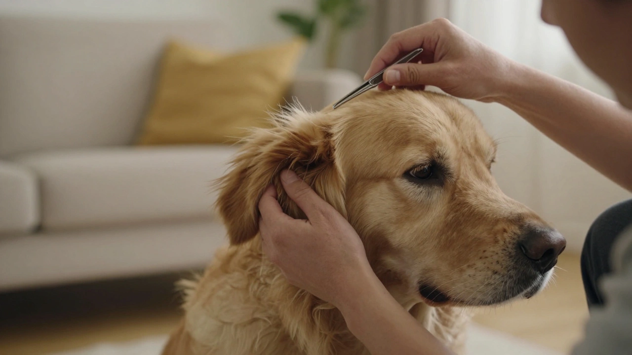 Owner checking dog's ear for ticks with tweezers