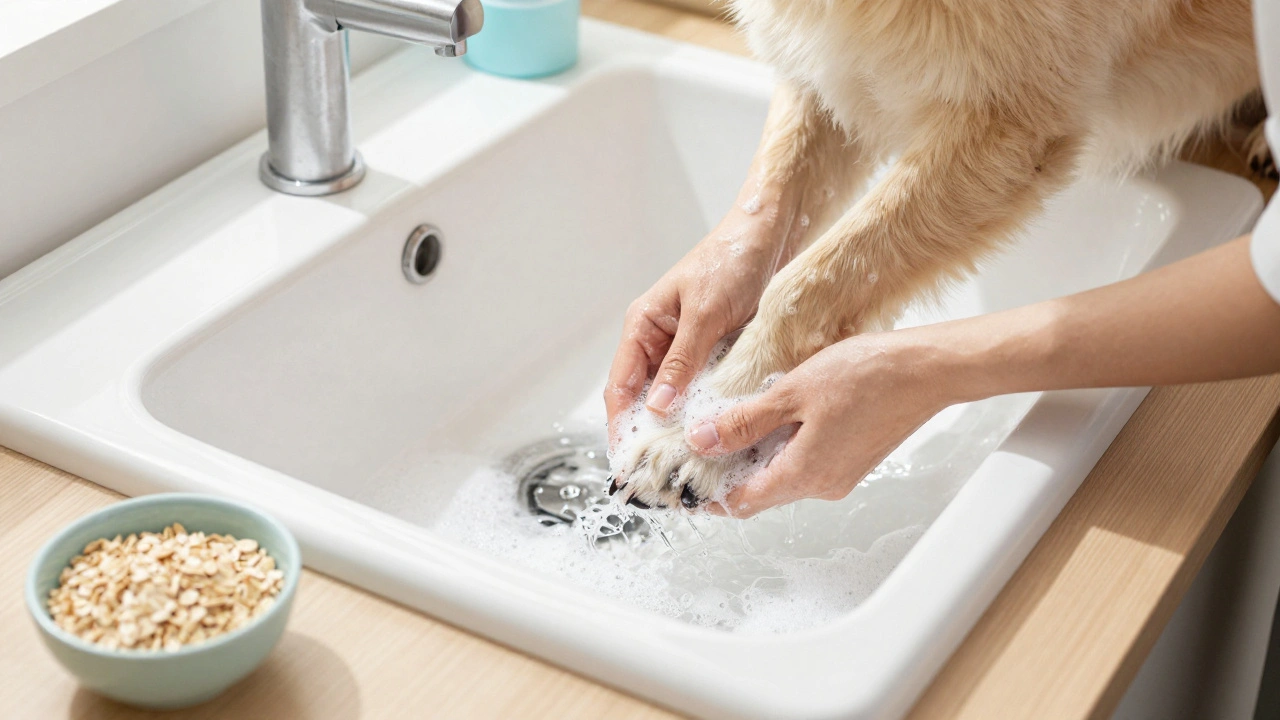 Person gently washing a dog's paws in a sink to treat skin irritation