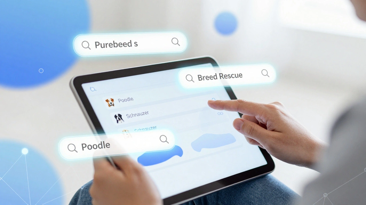 Person searching for purebred rescue dogs on a tablet