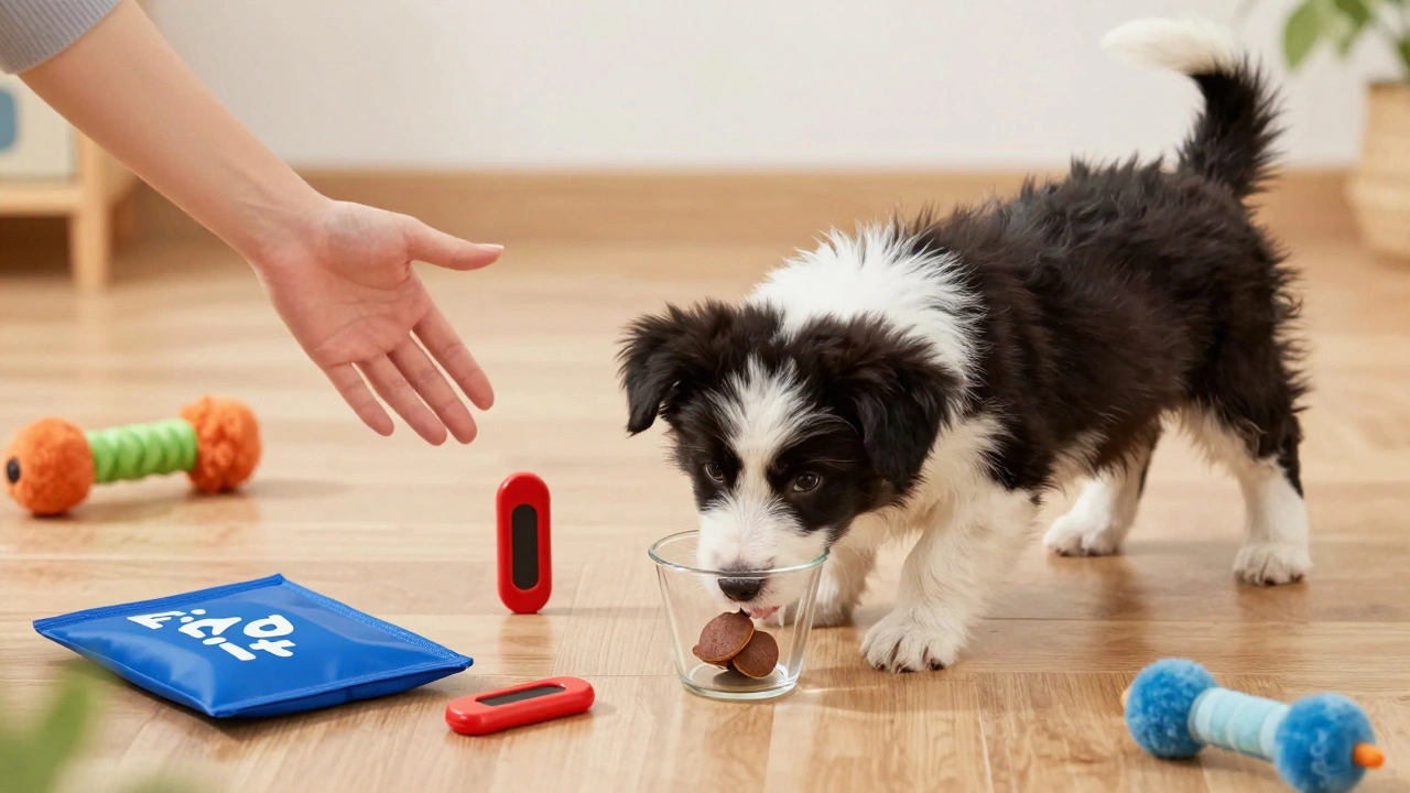 Playful puppy sniffing under a cup during a find-it focus game with training tools like a clicker nearby.