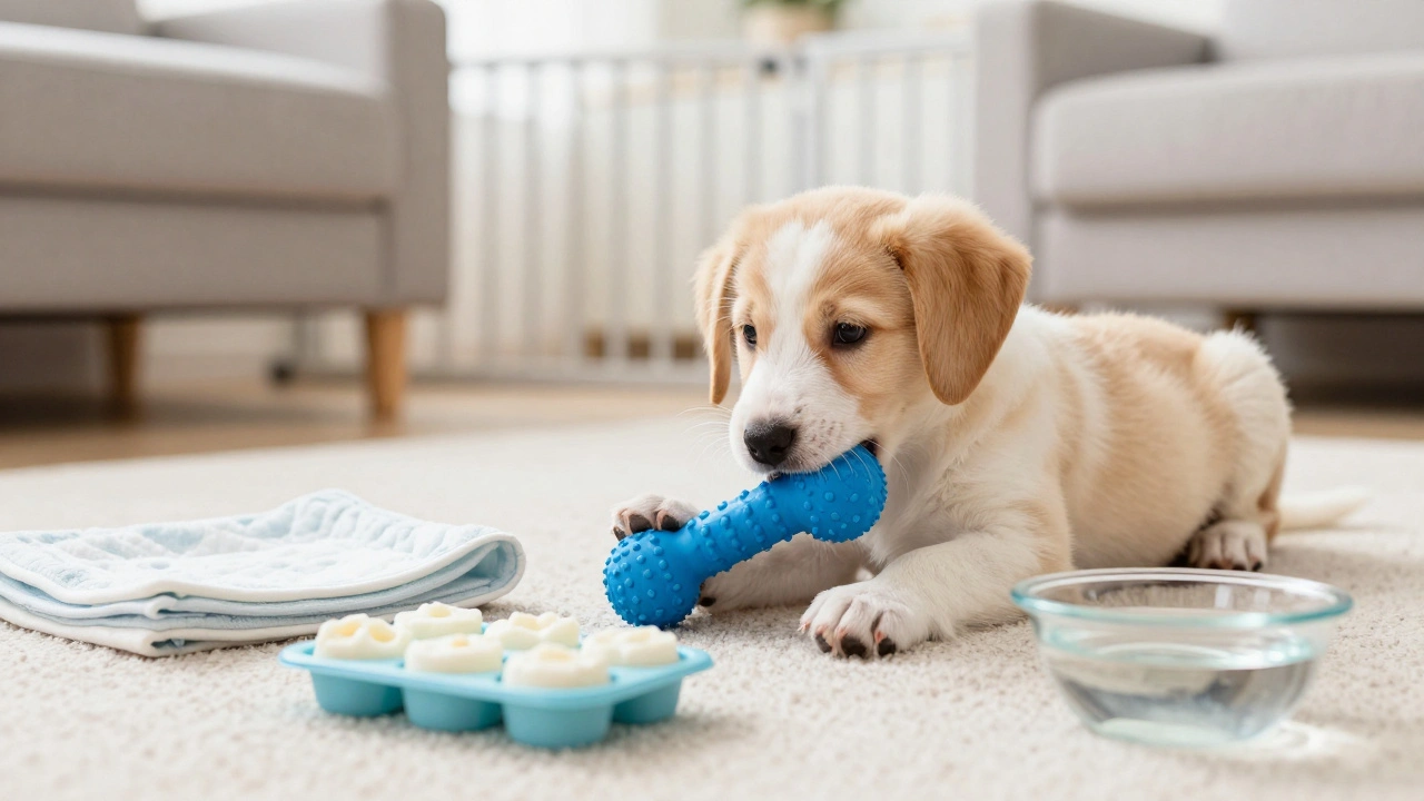 Puppy chewing a rubber toy in a safe play area