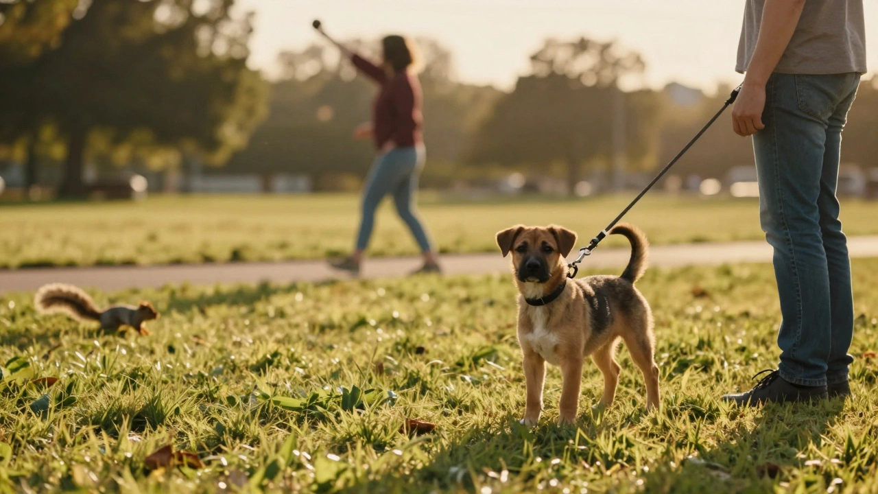 Puppy ignoring a squirrel distraction to look back at its owner in a park, demonstrating trained focus and safety.