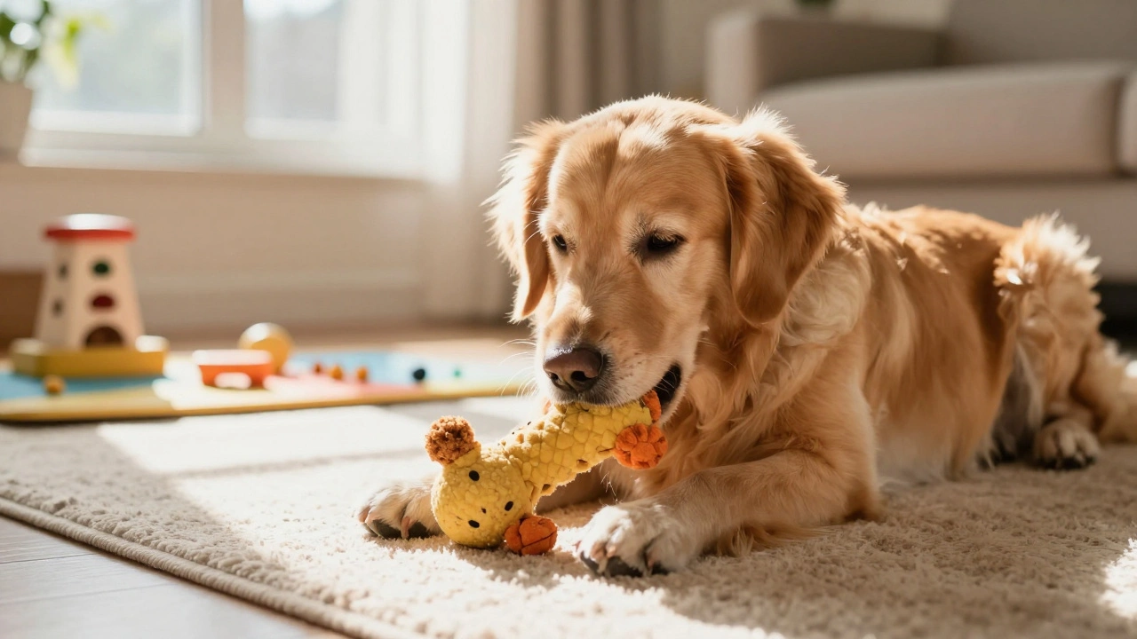 Relaxed dog chewing treat-filled toy in sunny room