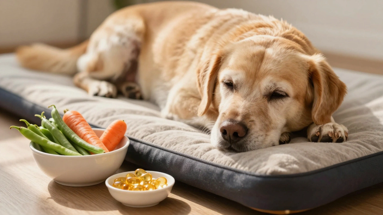 Resting senior dog with healthy snacks and supplements nearby