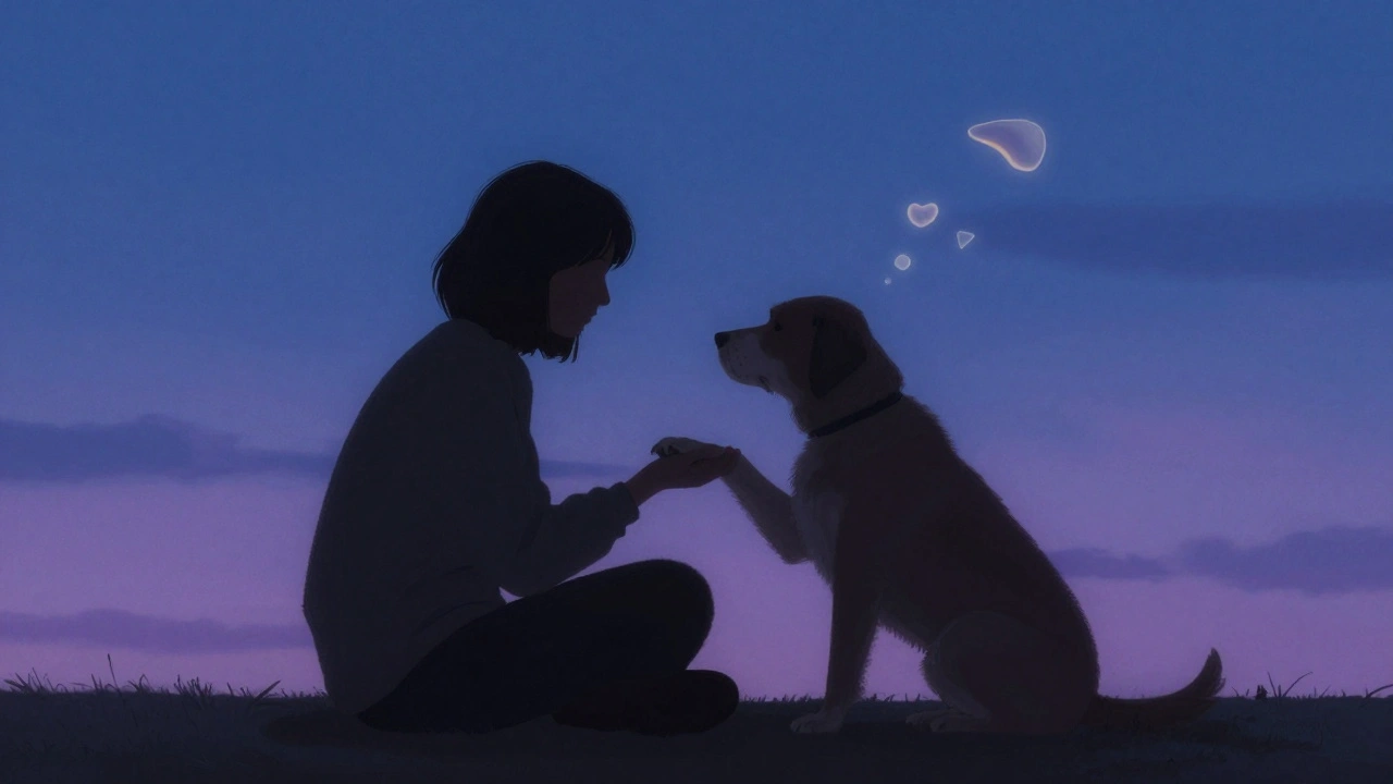 Silhouette of owner and dog at twilight symbolizing peaceful end-of-life care