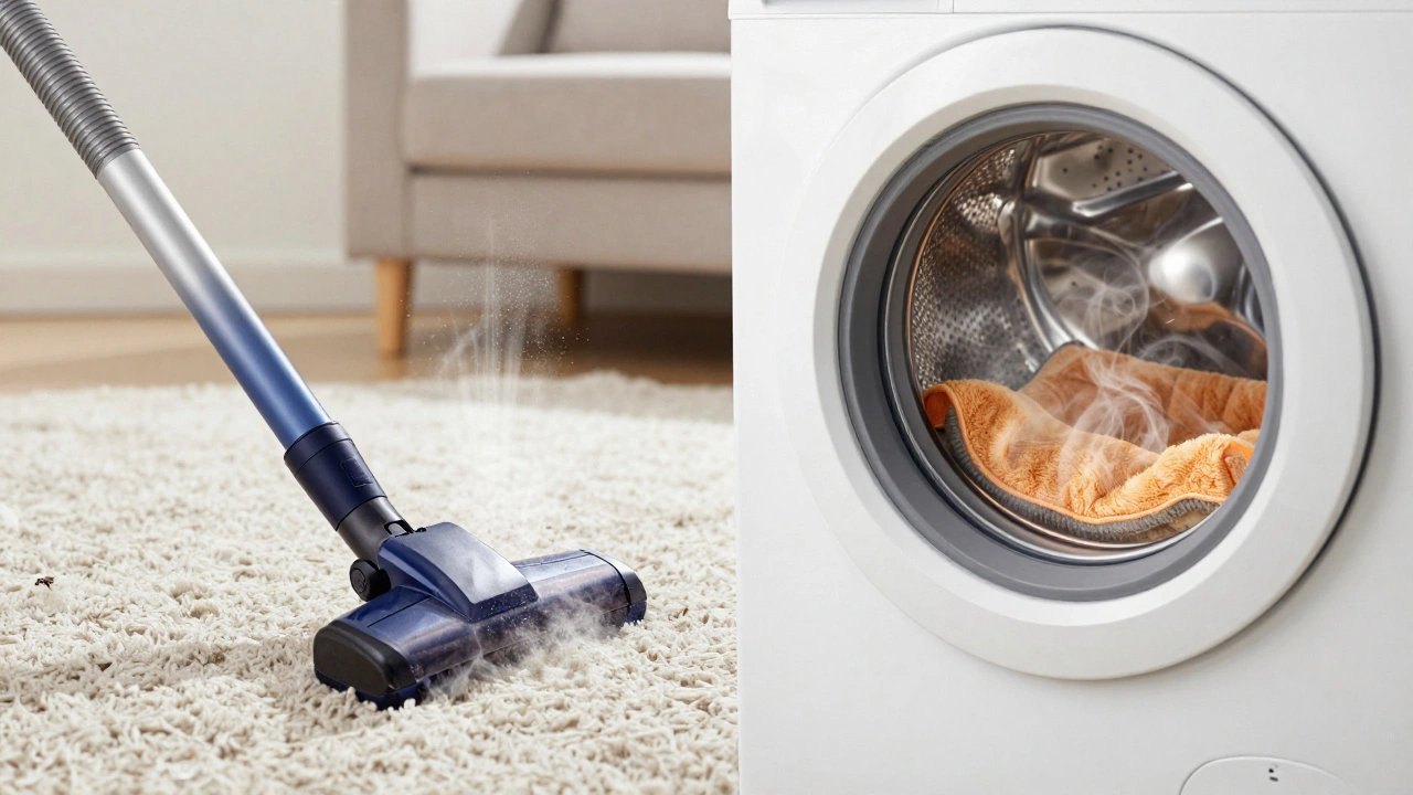 Vacuuming carpets and washing bedding to eliminate fleas