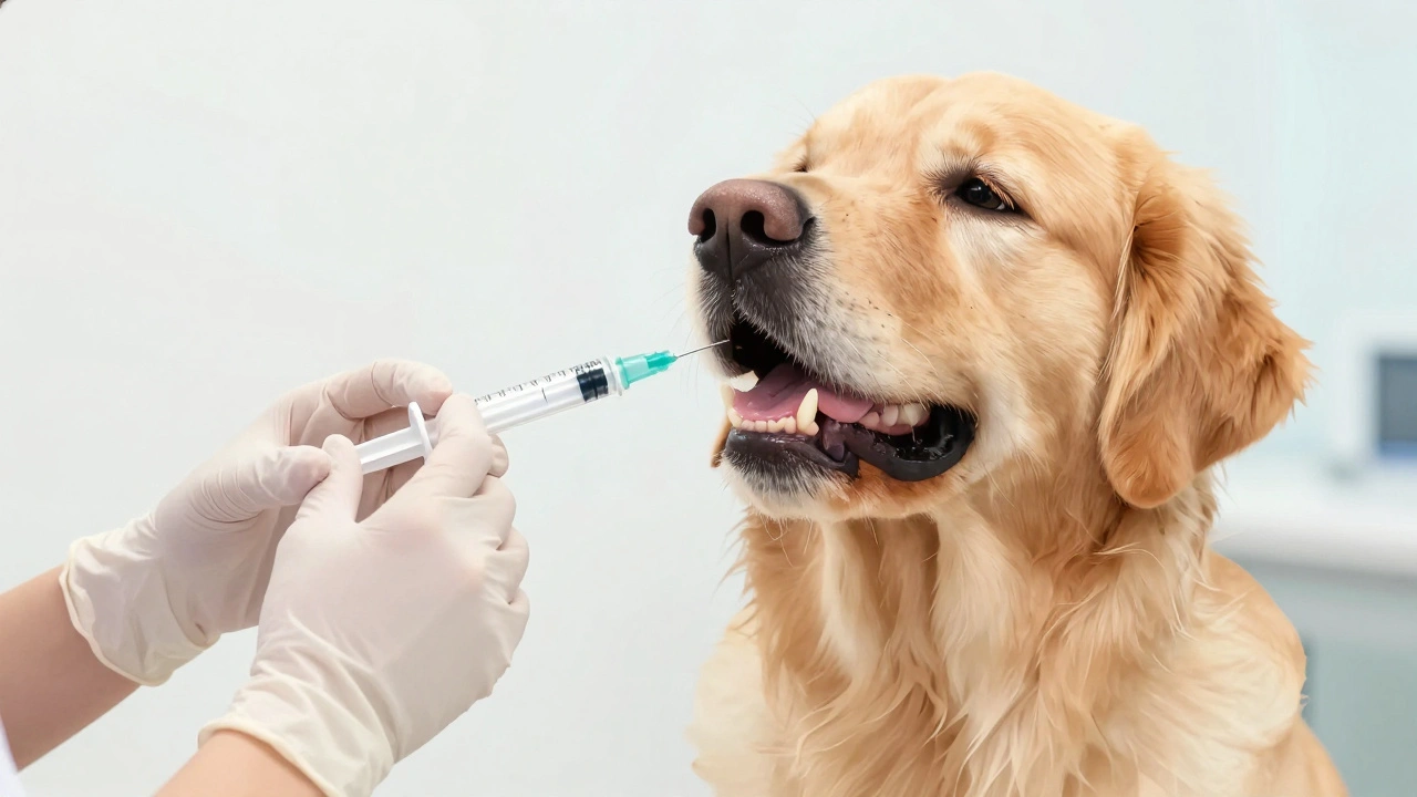 Vet administers liquid via syringe to dog's mouth side for safe induction