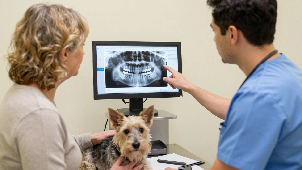 Vet explaining dental x-ray results to a concerned dog owner.
