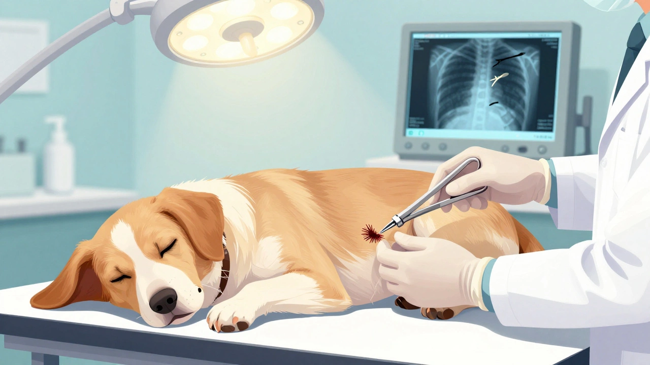 Vet removing porcupine quill from sedated dog with tools