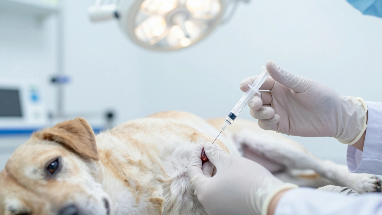 Veterinarian collecting urine sample from senior dog via needle