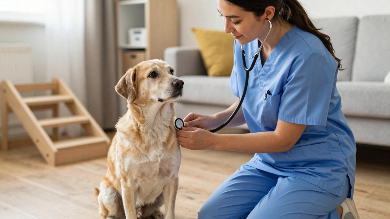Veterinarian providing compassionate hospice care to an elderly dog at home