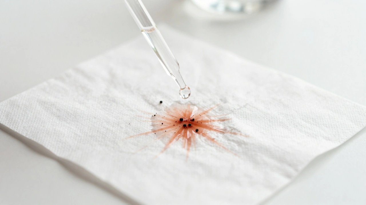 White paper towel showing red stains from wet flea dirt test