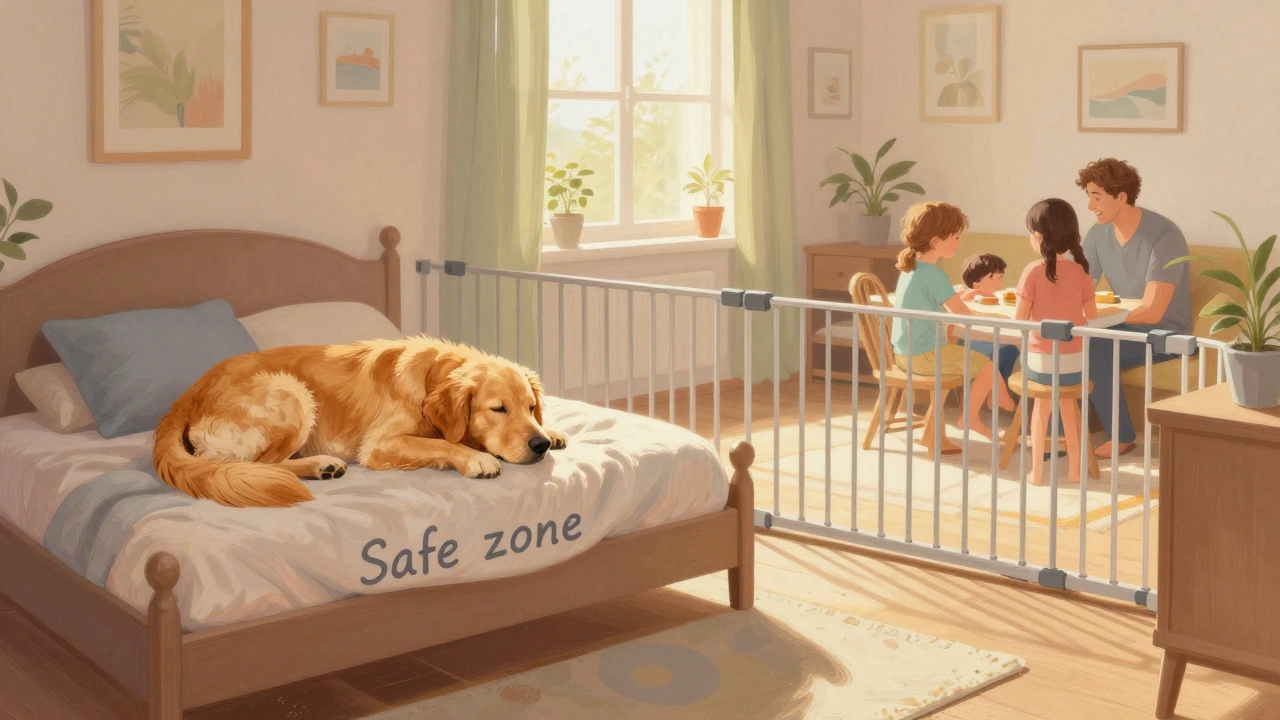 A calm dog resting in a safe, gated area while family activity happens nearby in sunlight.