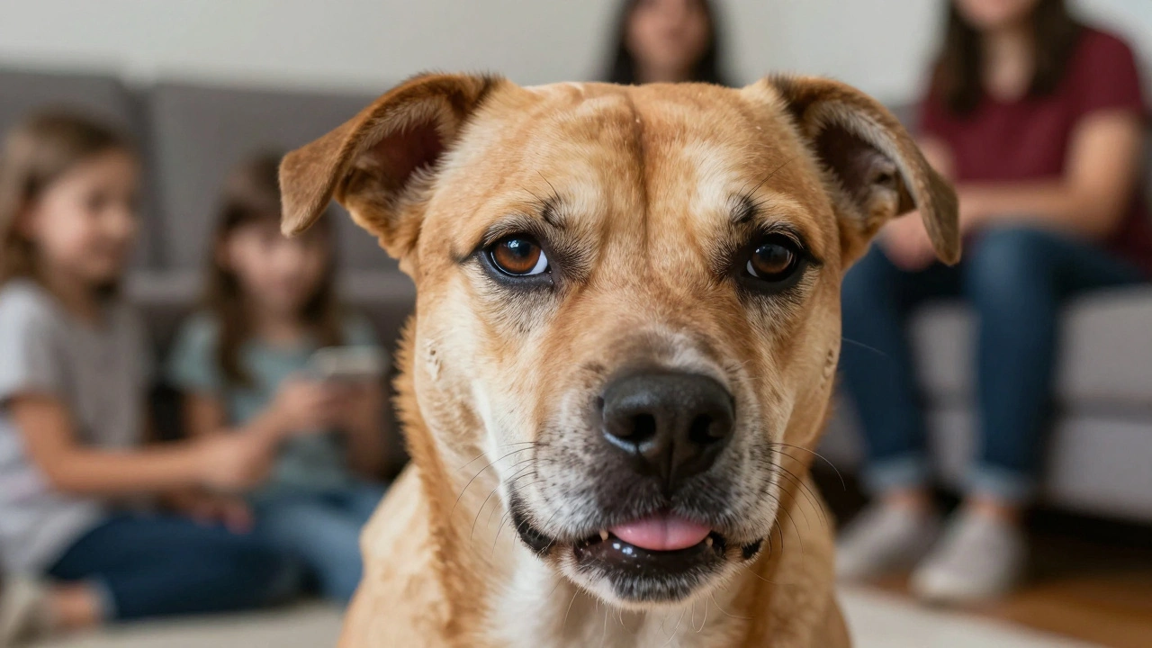 Close-up of a stressed dog showing whale eye and nervous lip-licking in a busy room.