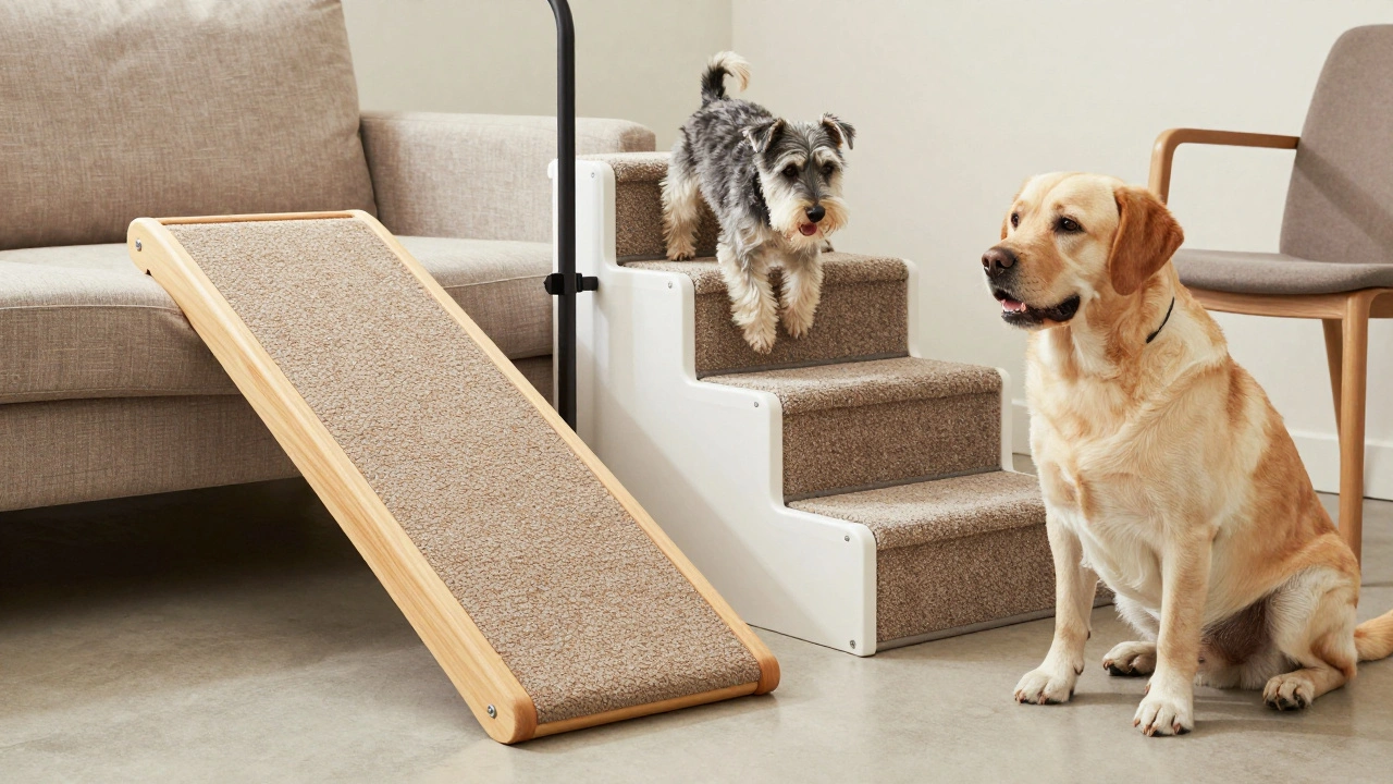 Dog ramps and stairs with non-slip surfaces for senior pet mobility