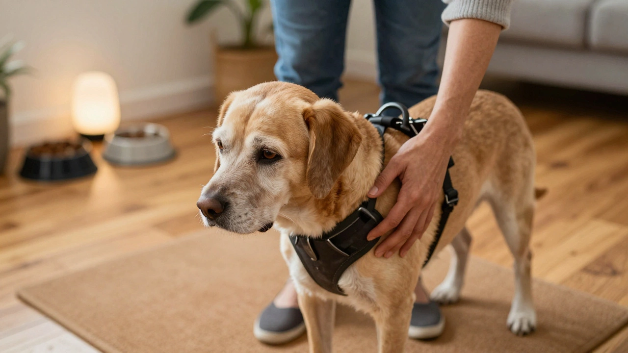 Owner helping senior dog walk using a supportive harness and handle