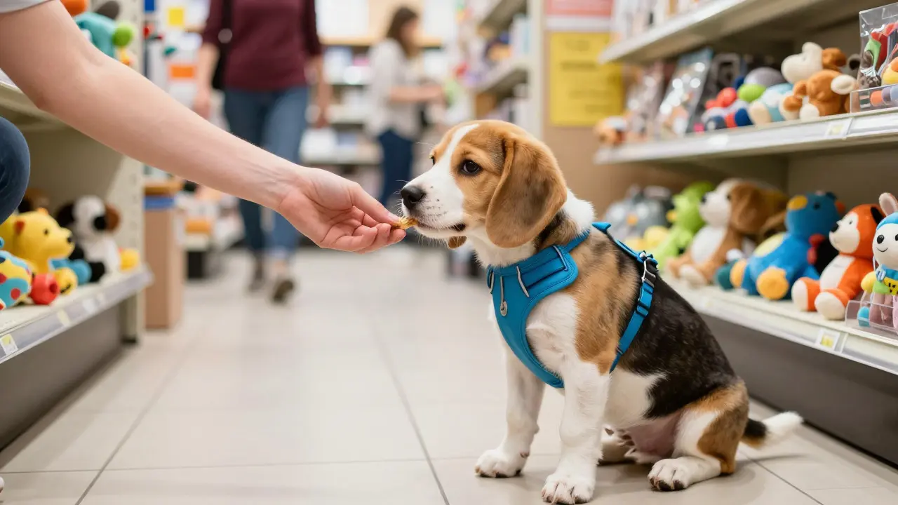 A beagle puppy receiving a treat while sitting calmly on the floor of a pet supply store