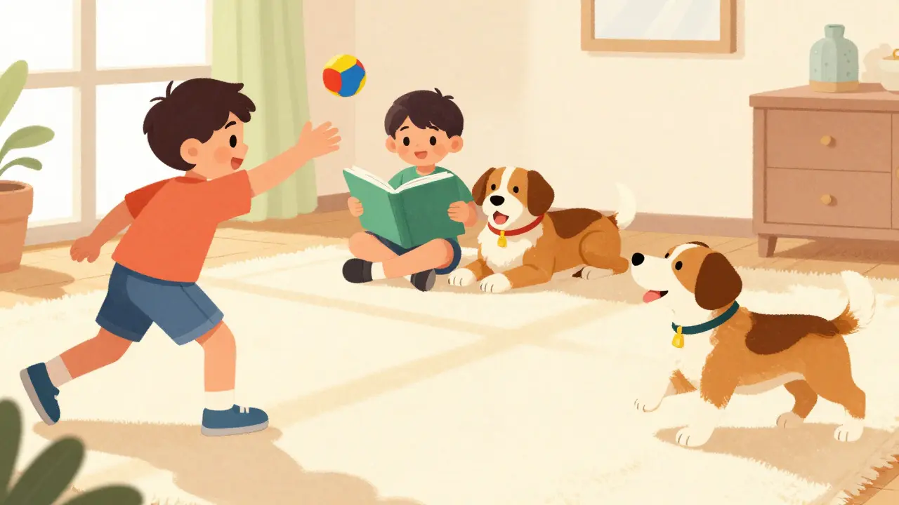 A child and dog engage in fetch and read together in a bright living room