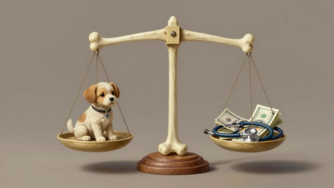 A conceptual balance scale weighing a puppy against money and medical tools