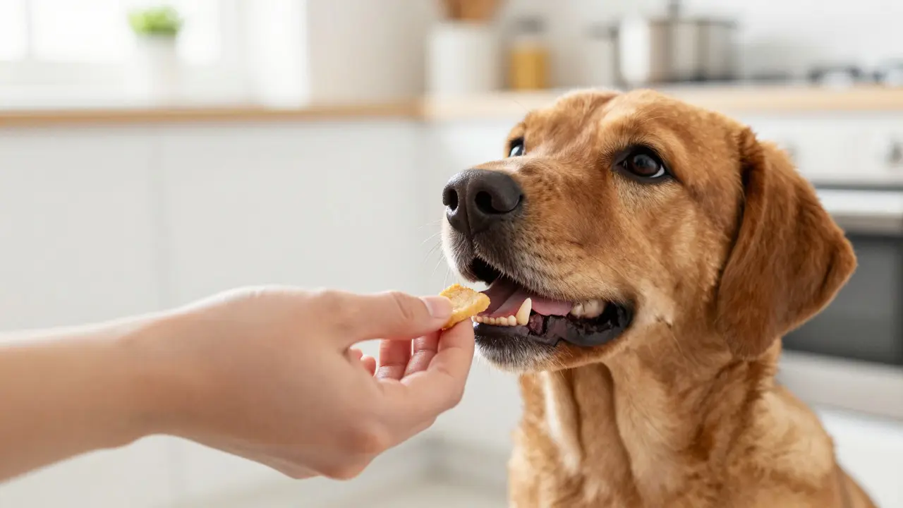 A dog accepting a treat from a human hand in a bright, welcoming kitchen