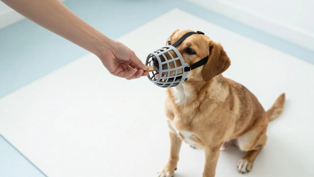 A dog happily wearing a basket muzzle while accepting a treat from a human hand