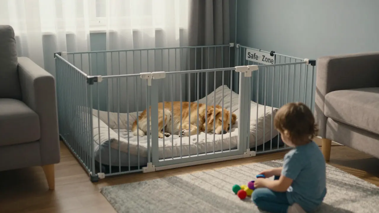A dog rests safely in a gated corner while a child plays quietly nearby