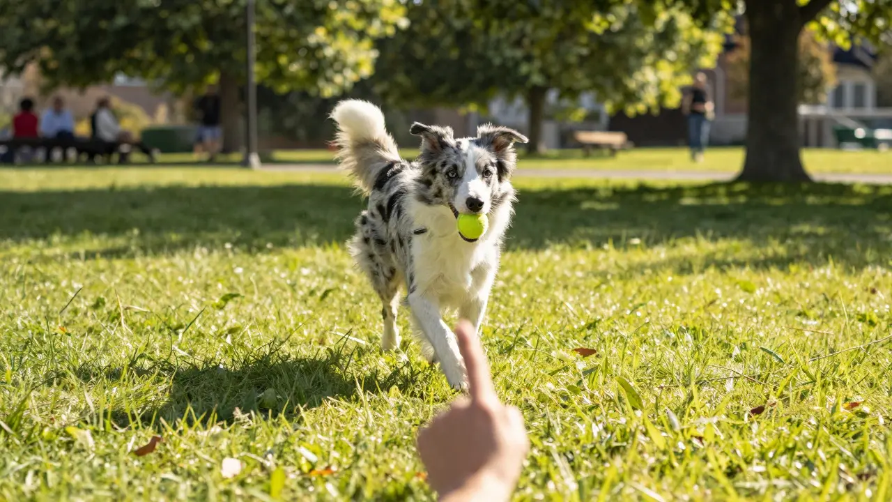 A dog running with a tennis ball in a park while a handler uses a hand signal