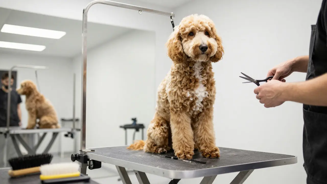 A Goldendoodle being groomed on a table in a professional salon