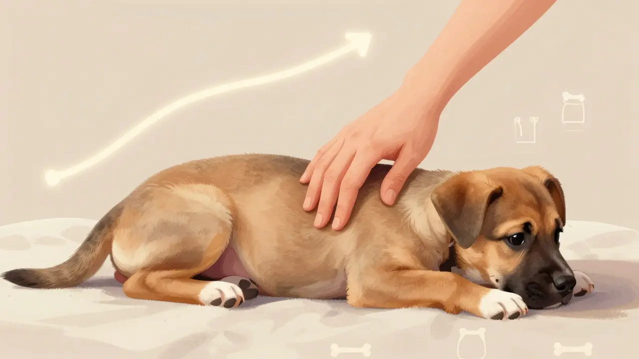 A hand checking the ribs of a puppy lying on a blanket to assess body condition