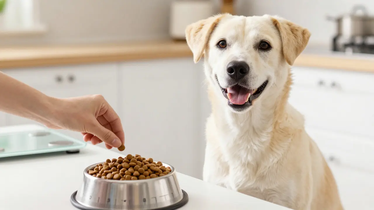 A happy dog sitting by a food bowl receiving a treat from an owner