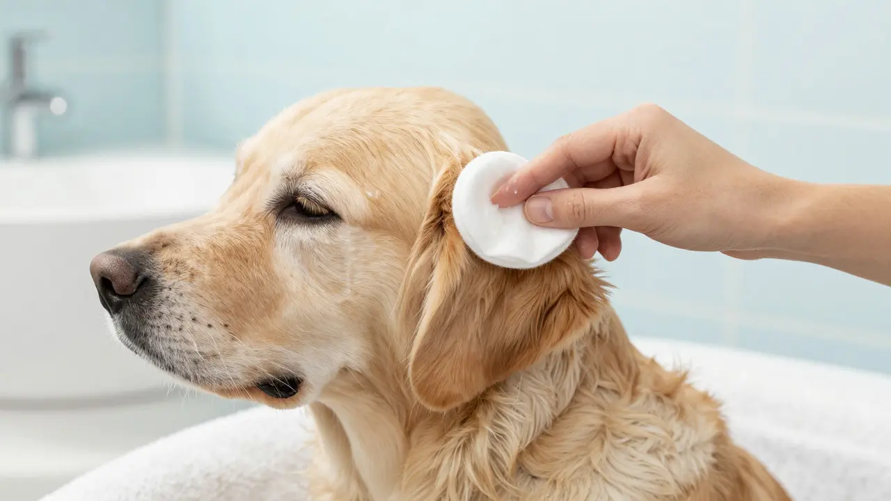 A person gently wiping a Golden Retriever's ear with a cotton ball