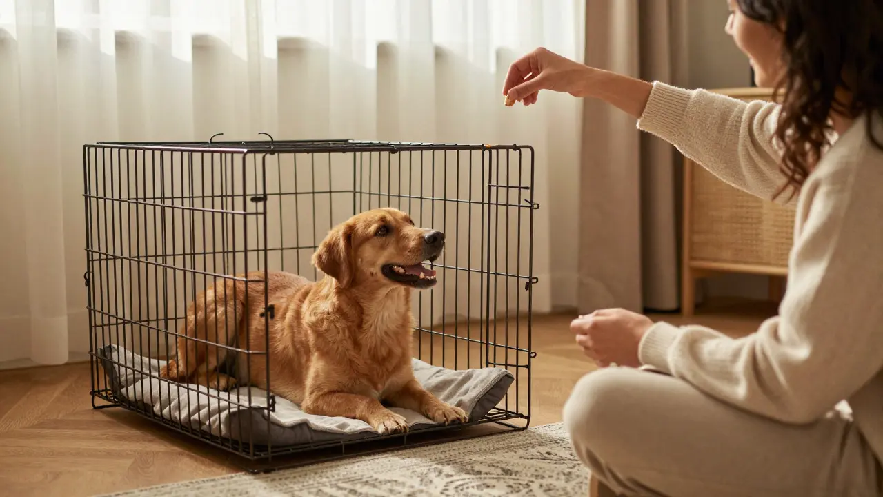 A person giving treats to a dog near an open crate during evening preparation
