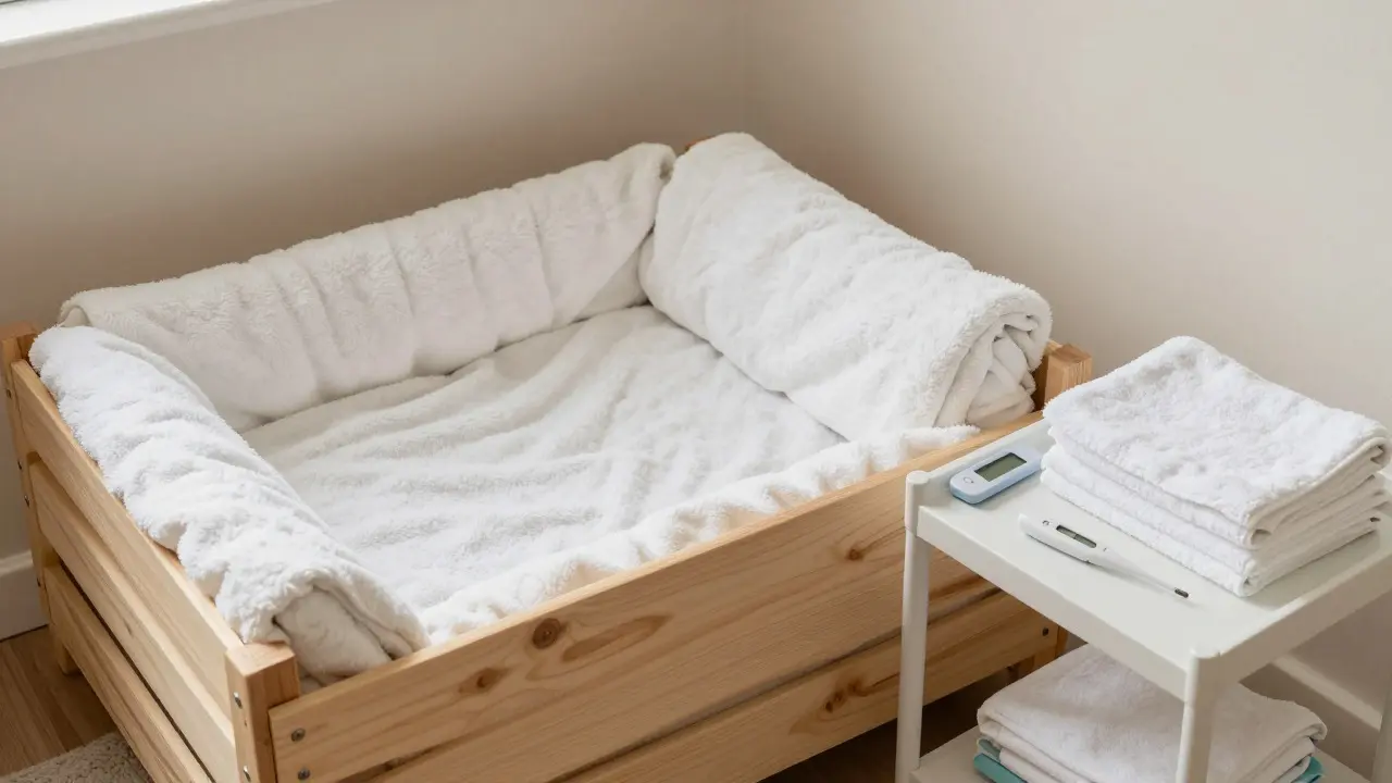 A prepared whelping box with towels and supplies ready for a dog's birth