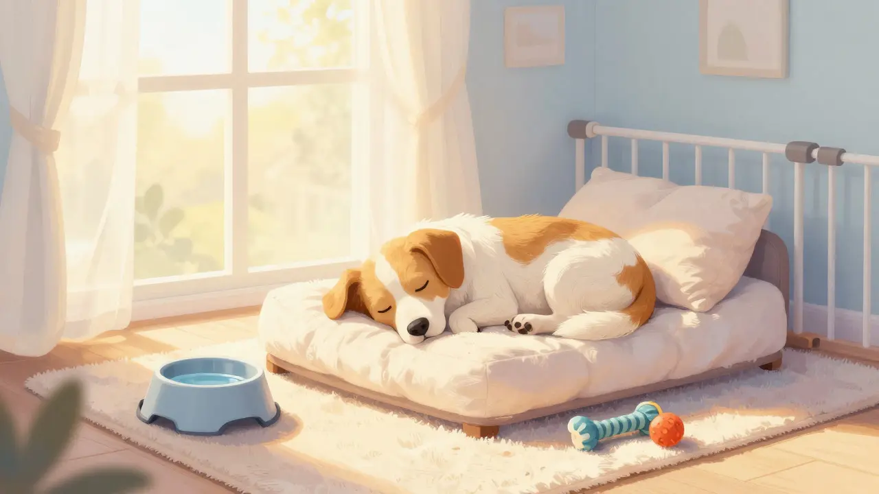 A relaxed dog sleeping peacefully in a cozy, sunlit safe zone corner