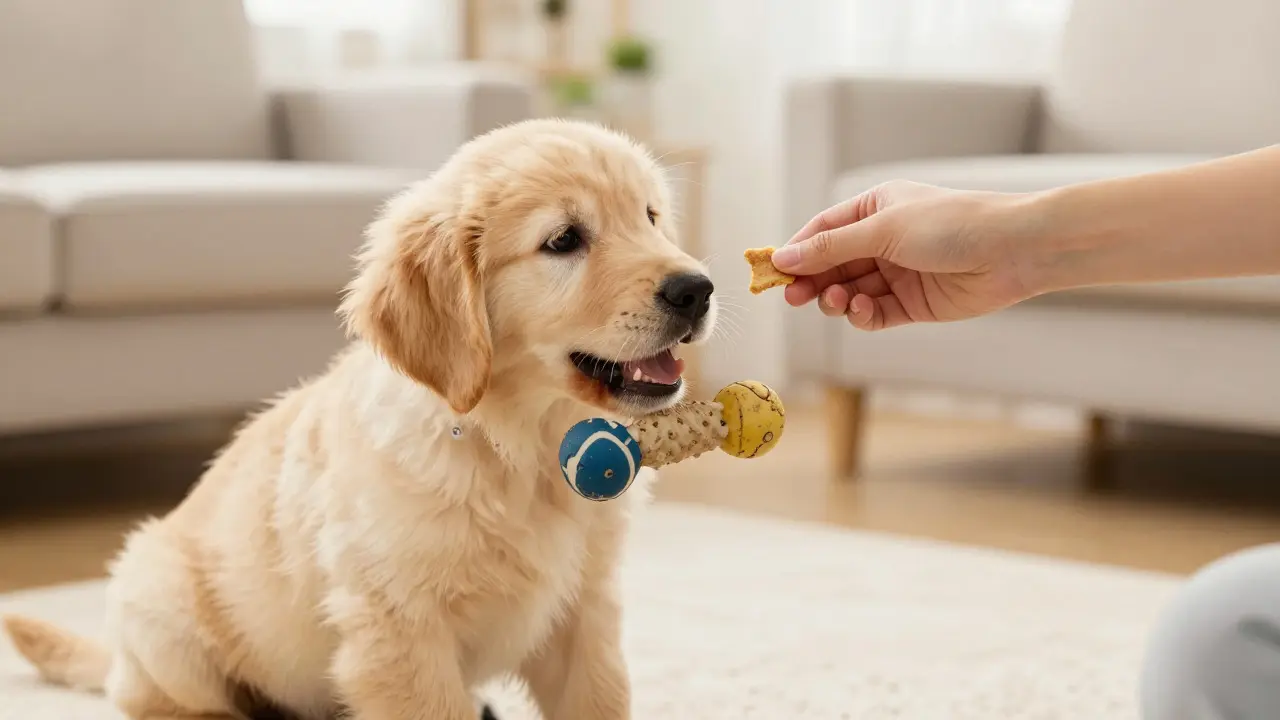 A trainer offering a treat to a puppy holding a toy to teach the drop command