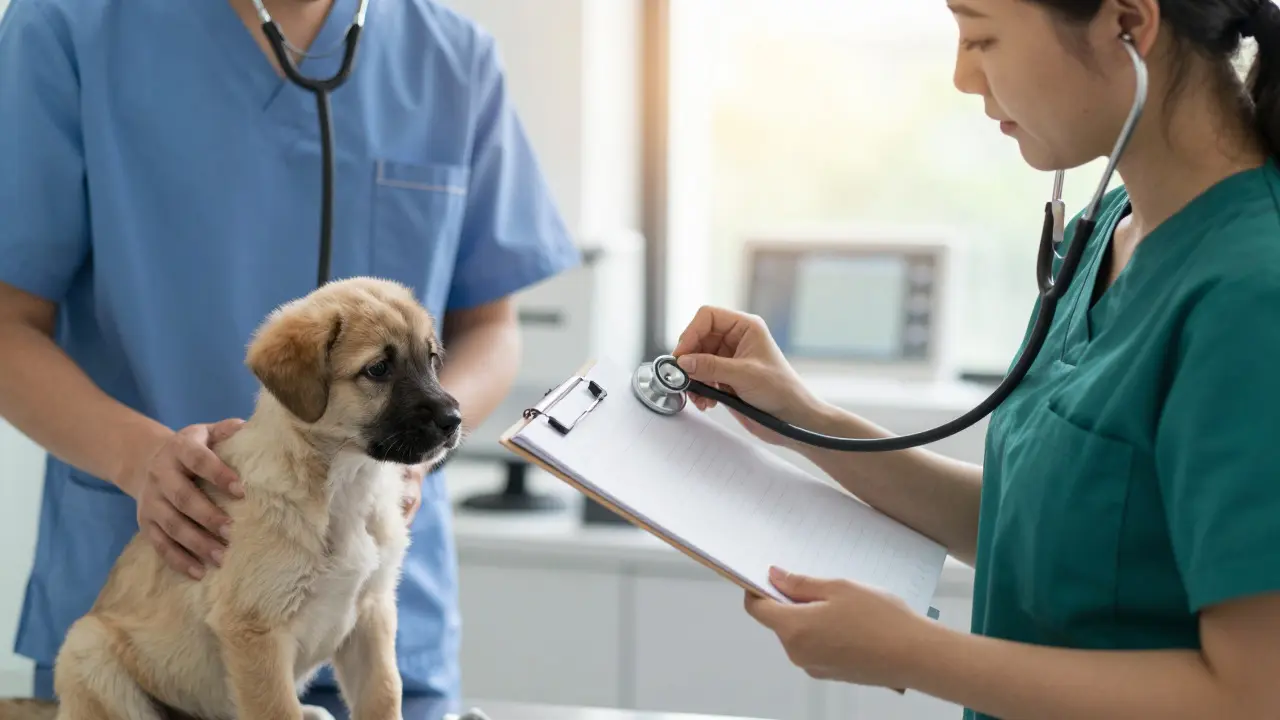 A veterinarian and owner discussing a puppy's health with a blank logbook