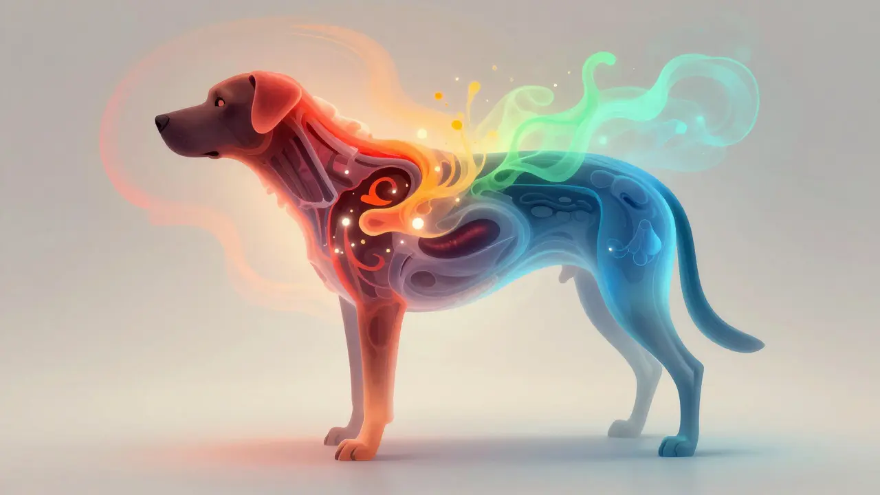 Abstract art showing a dog's body transitioning from chaotic to calm colors
