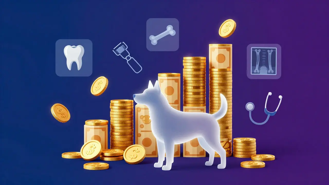 Abstract illustration of a dog silhouette next to rising financial bars and medical icons
