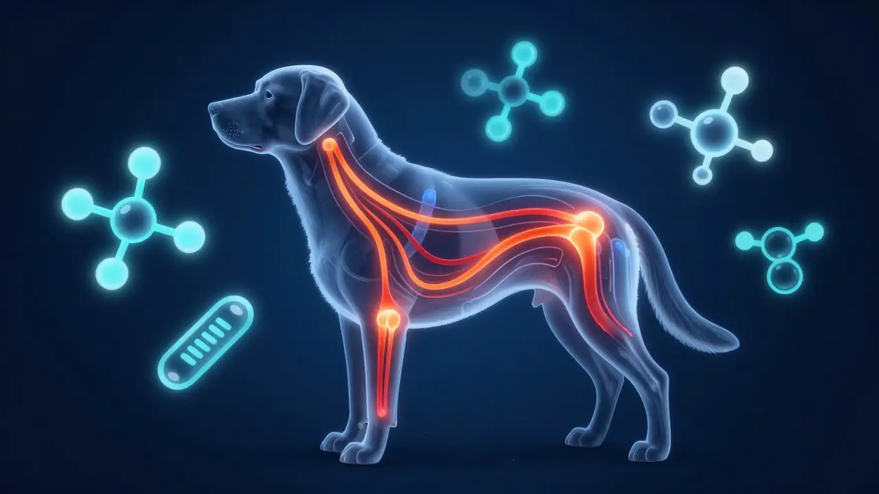 Abstract illustration of a Labrador showing internal metabolic and joint stress