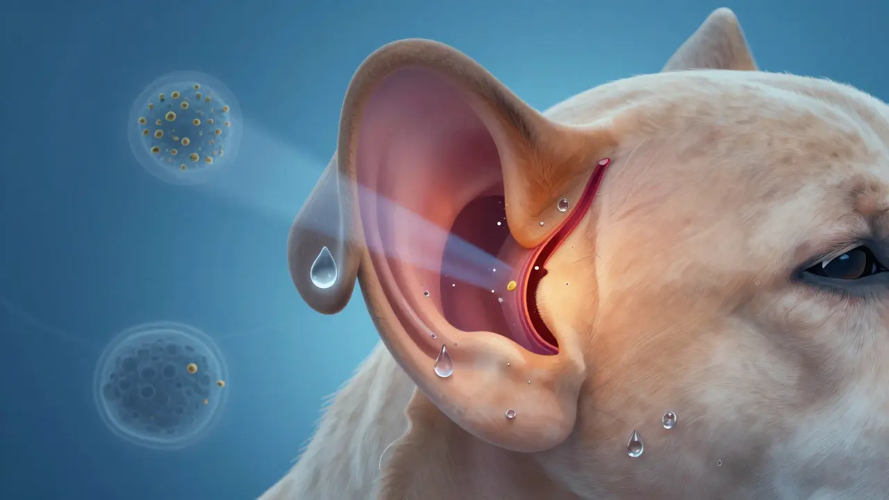 Abstract medical illustration showing moisture and allergens causing dog ear issues