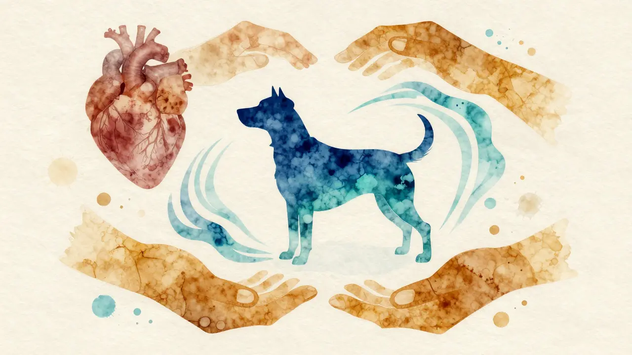 Abstract watercolor art depicting a dog silhouette surrounded by calming hands
