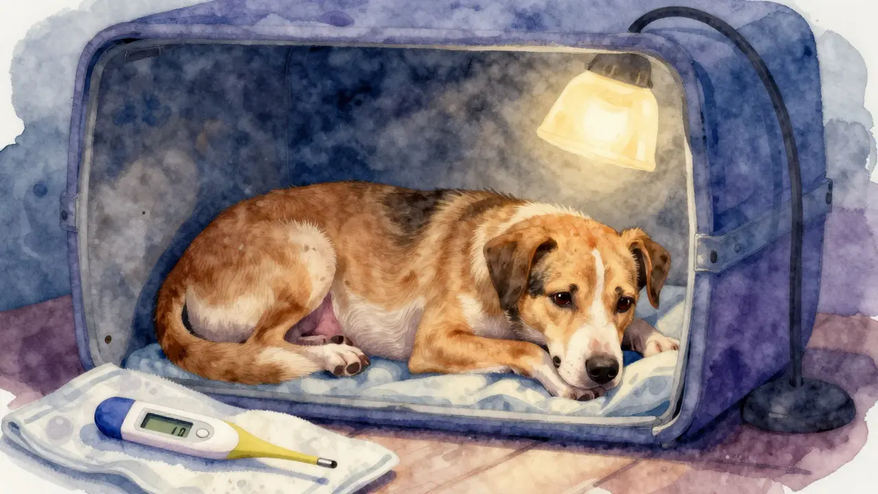 An artistic depiction of an anxious pregnant dog in its whelping area