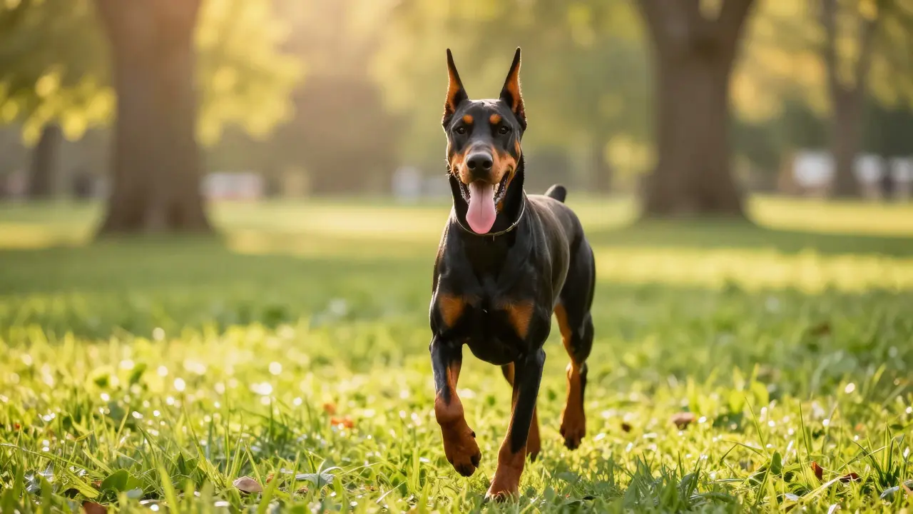 An energetic Doberman Pinscher running happily in a sunny park