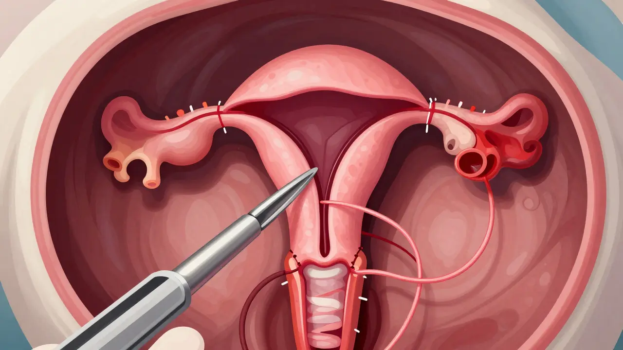 Anatomical illustration of a dog's uterus and ovaries during surgical removal