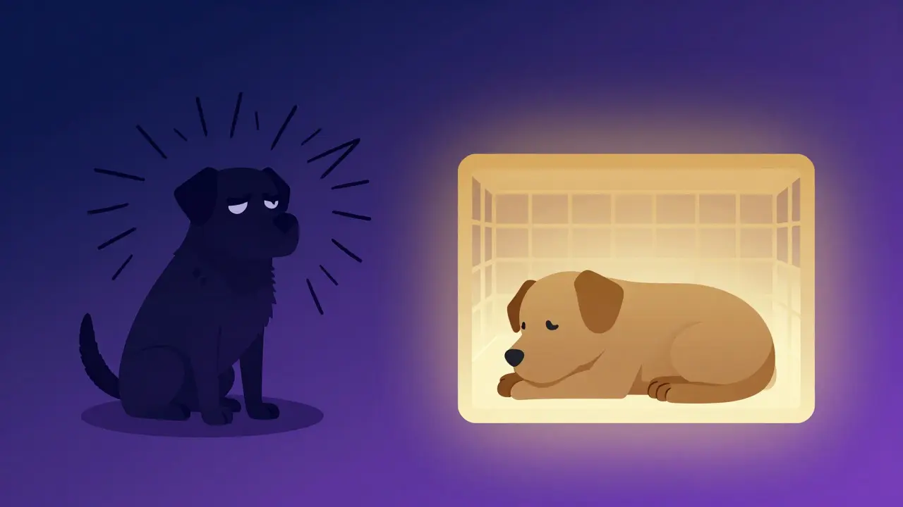 Artistic illustration of a dog transitioning from anxious to calm inside a crate