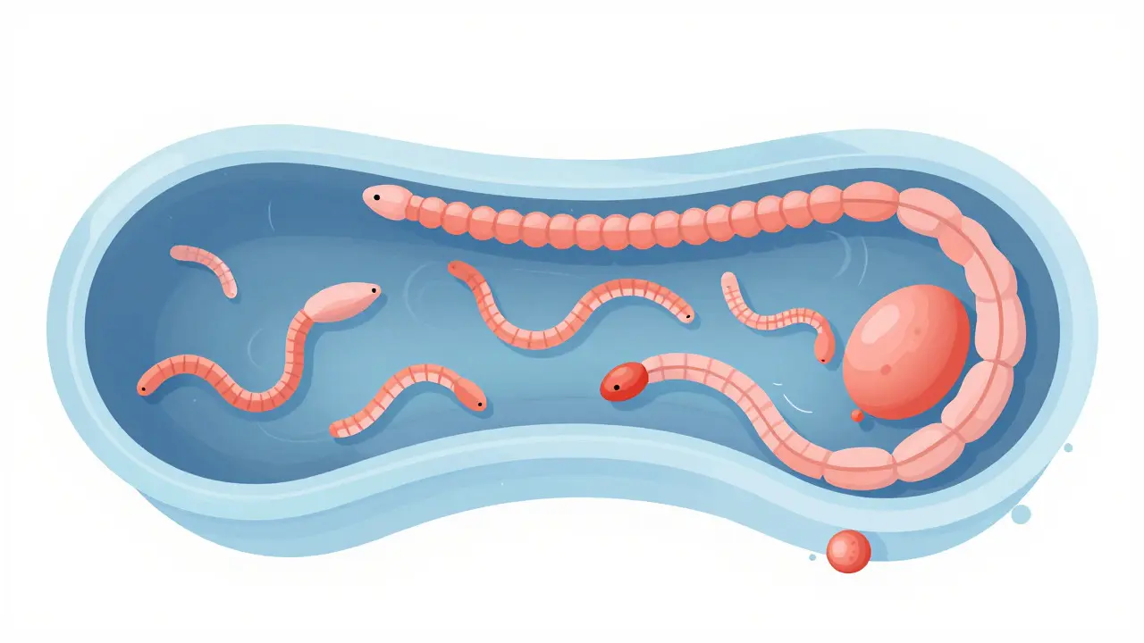 Artistic illustration showing roundworms inside a dog's intestinal tract