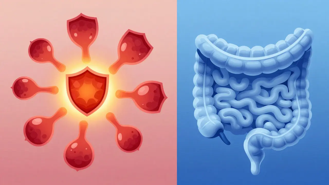 Artistic split-screen showing immune attack versus calm digestion