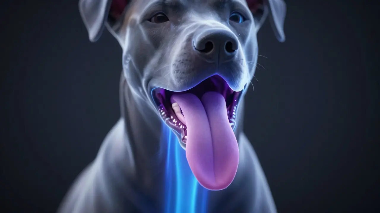 Artistic visualization of a dog's restricted airway and breathing difficulties