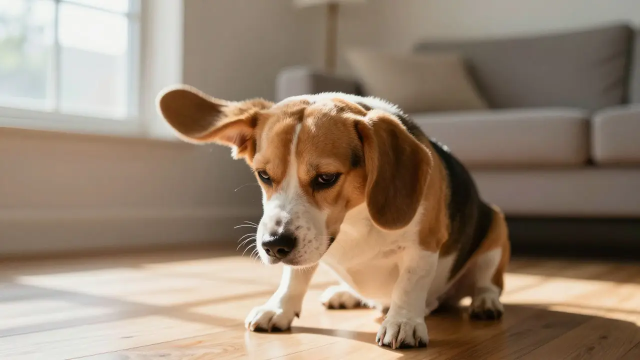 Beagle shaking its head in a sunny living room