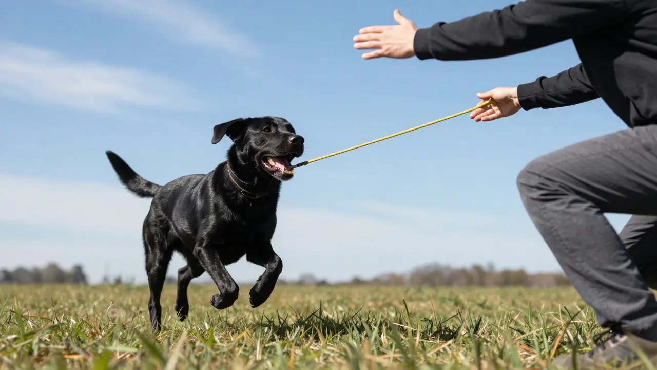 Black labrador running happily toward owner on a taut yellow long line
